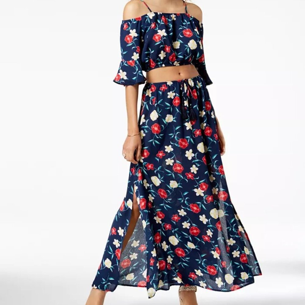 Sequin Hearts Tropical Floral Print Two Piece Skirt & Crop Top Set